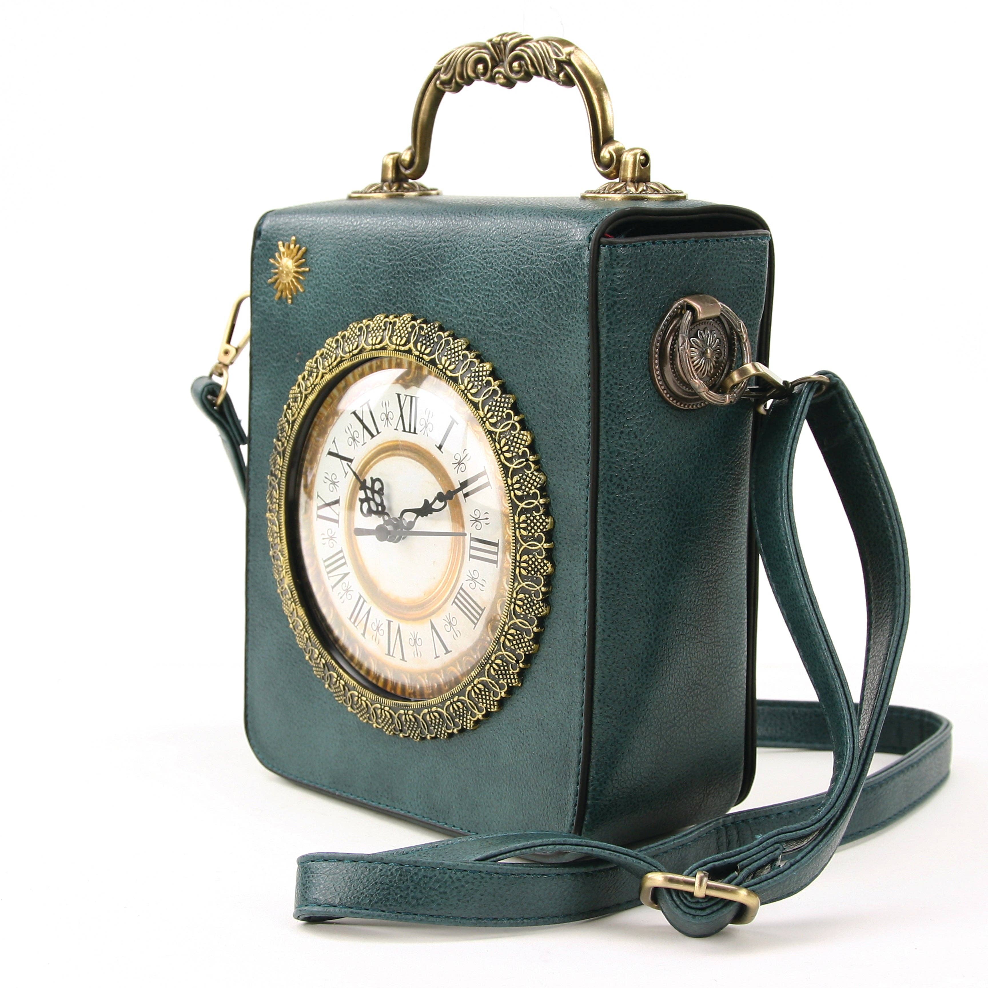 Vintage Clock Rectangle Shoulder Bag in Vinyl Material