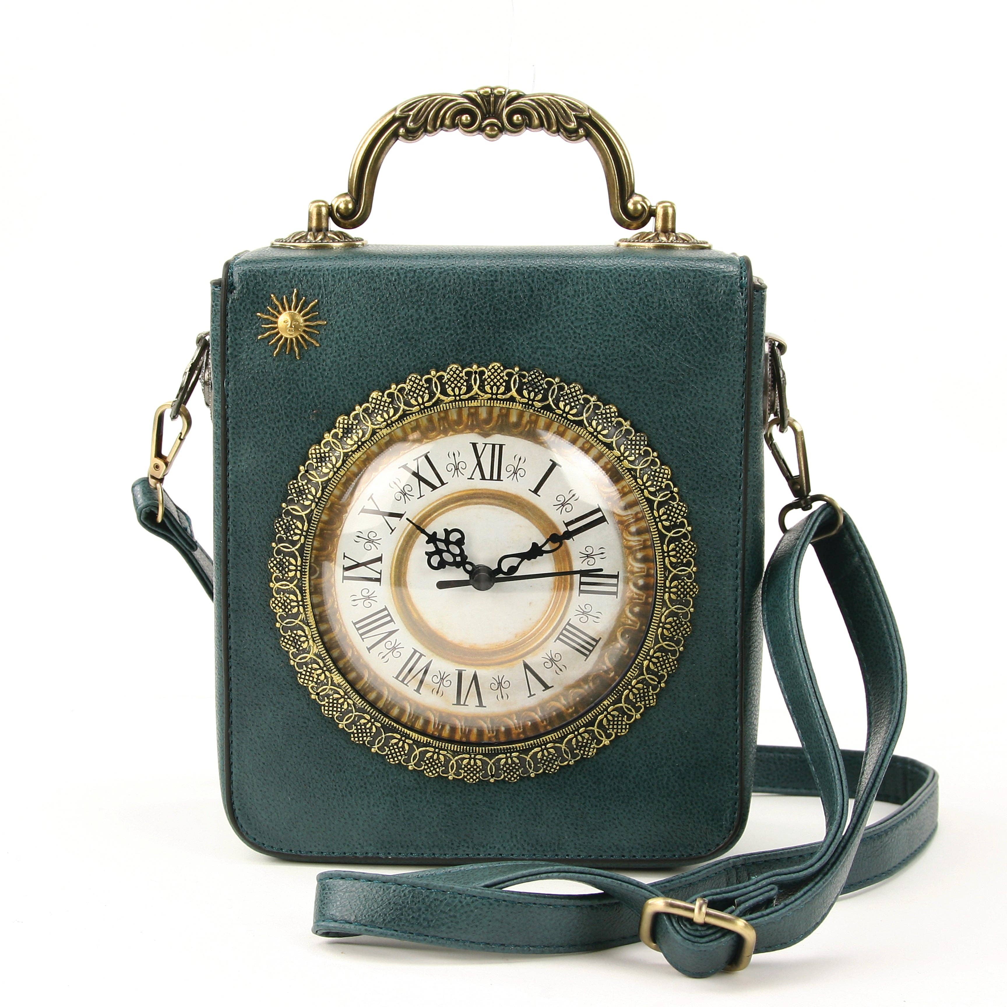 Vintage Clock Rectangle Shoulder Bag in Vinyl Material